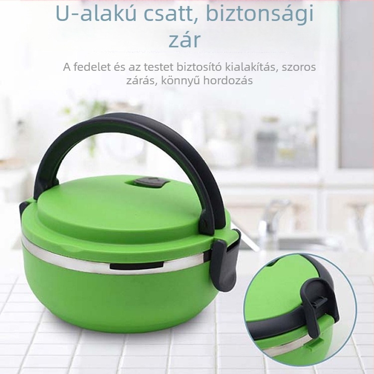 Rozsdamentes acél ebédes doboz, szigetelt, kerek alakú, 301–500 ml, három-négy rétegű kialakítás, mikrohullámú sütőbe nem alkalmas, logónyomtatás és testreszabás