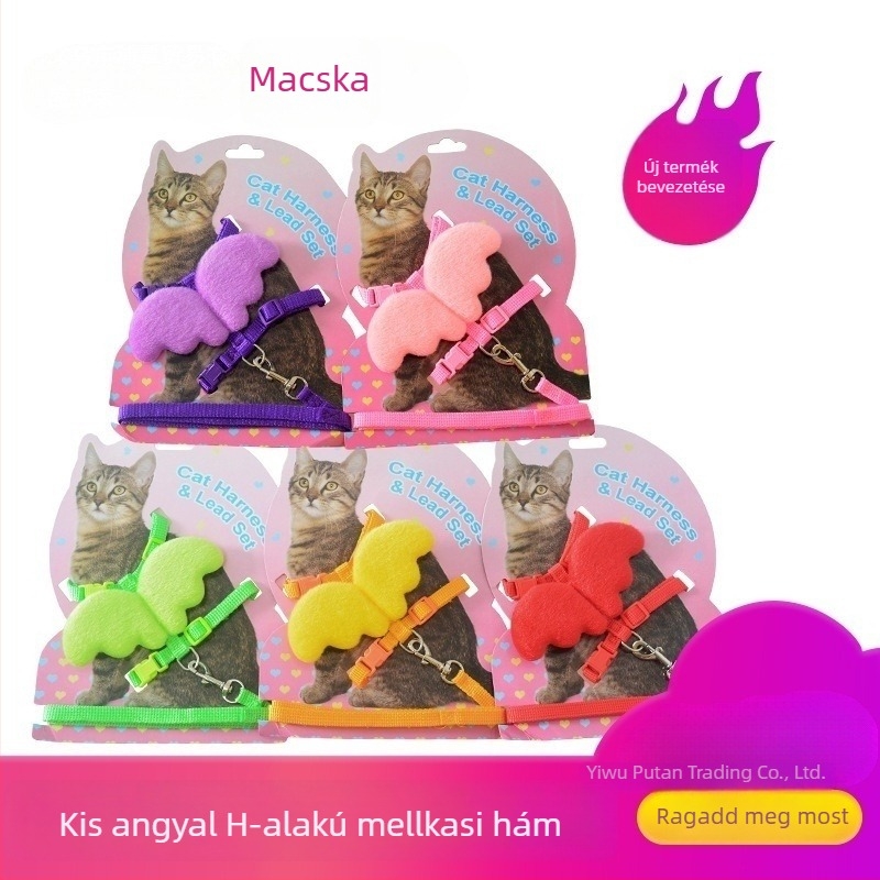 Macska hám szárnyakkal és angyali dizájnnal, póráz macskáknak és kölyökkutyáknak, H-formájú