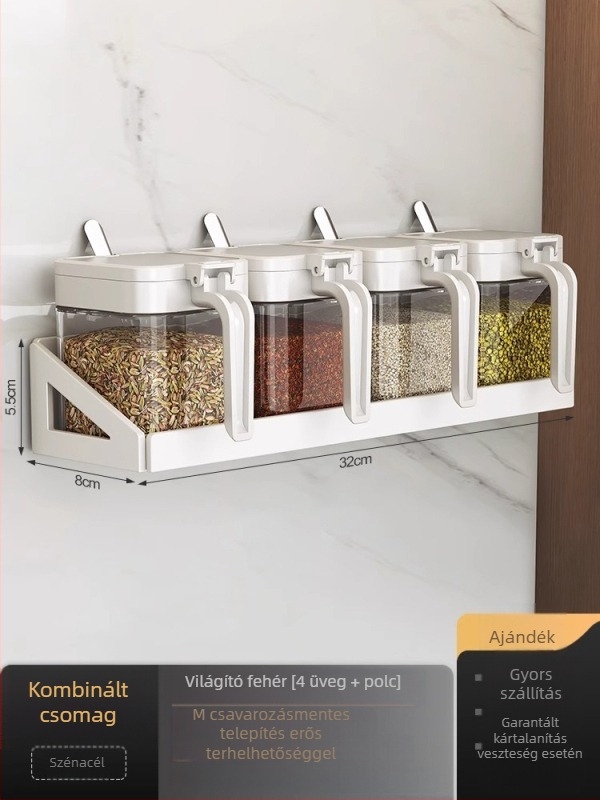 Fűszertároló állvány acélváz és üveg tartókkal, zárható üvegek solid fűszerekhez, testreszabható