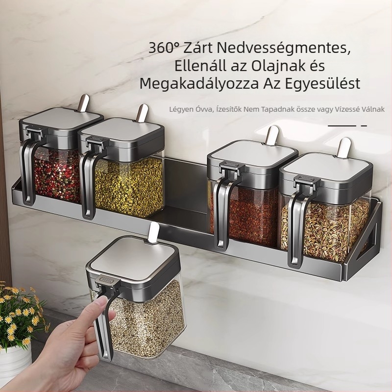 Fűszertároló állvány acélváz és üveg tartókkal, zárható üvegek solid fűszerekhez, testreszabható