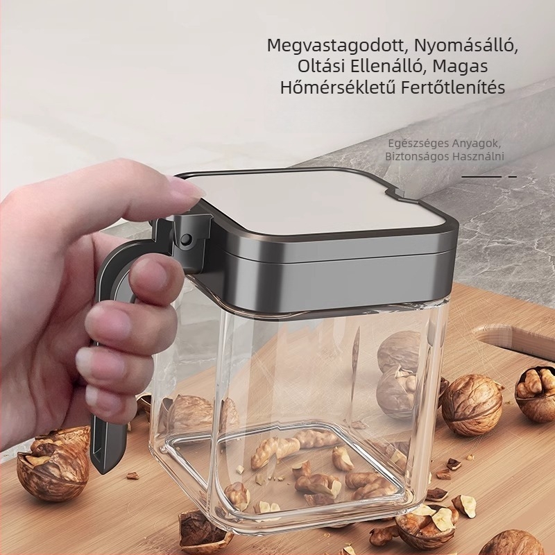 Fűszertároló állvány acélváz és üveg tartókkal, zárható üvegek solid fűszerekhez, testreszabható