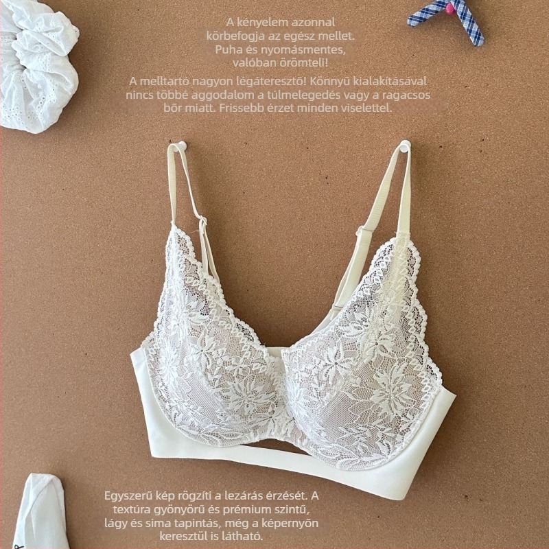 Csipkés melltartó, drót nélküli, 3/4 kosár, hátsó négy soros kapocs, rögzített vállpántok, csipke díszítés