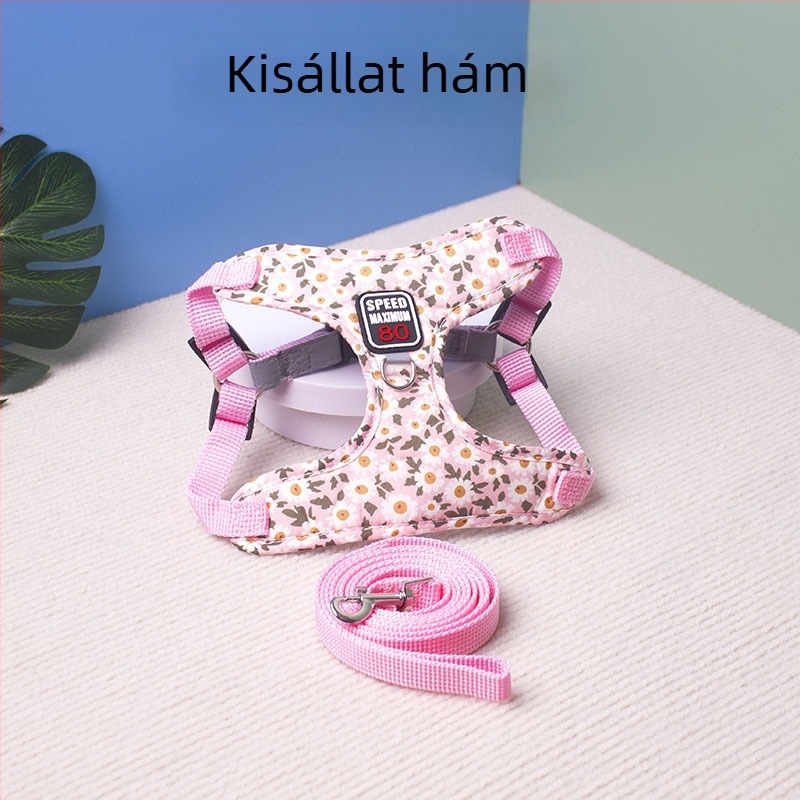 Virágmintás kutya hám állítható pórázzal kistestű kutyáknak