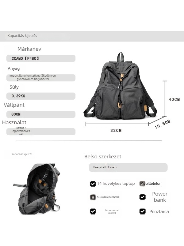 Nylon hátizsák utazáshoz, könnyű, 14 hüvelykes laptop, kapacitás 36–55 L, légpárnás vállpántok