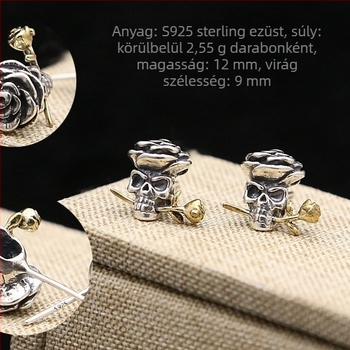 Fülbevalók: koponya motívum, 925 ezüst, kézzel készített, Guyun Silver Pavilion