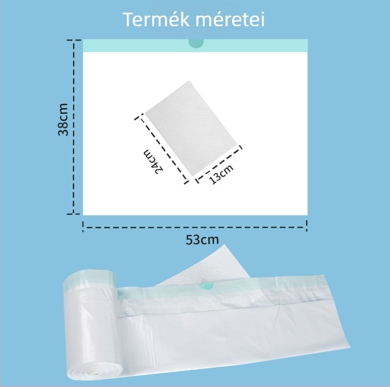 Vészhelyzeti urinazsák nedvszívó párnával, hordozható kültéri vécé, PE anyag, húzózsinóros zárás, nagy felszívókapacitás; zacskó 53×38 cm, párna 24×13 cm (1200 ml)