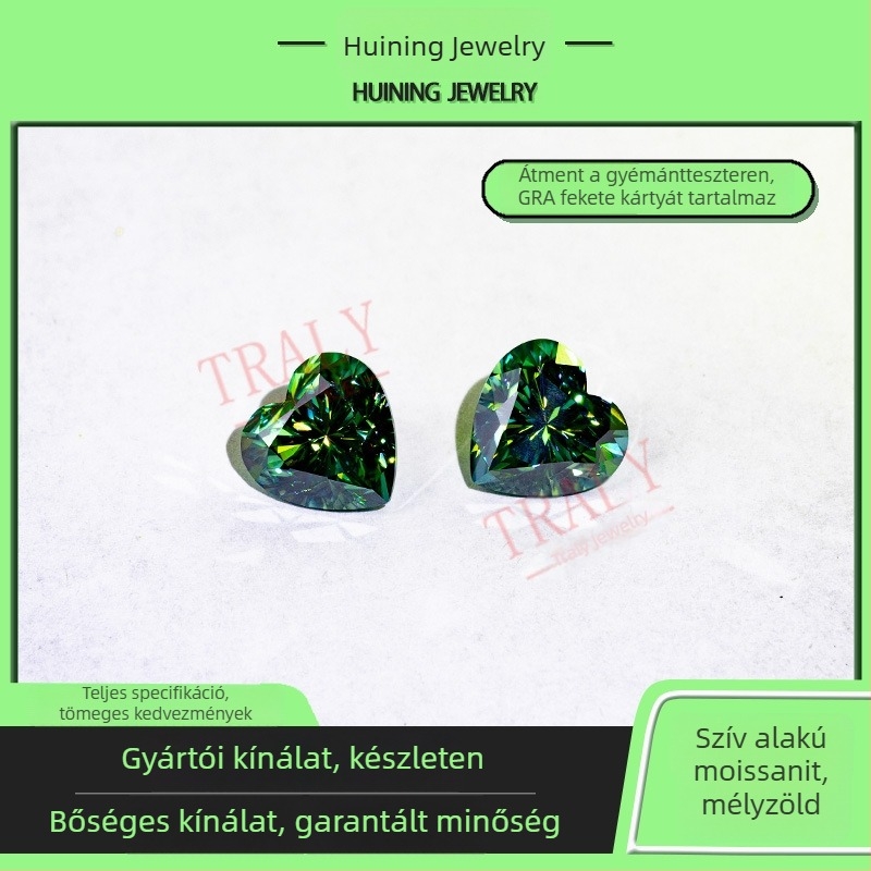Zöld szív alakú moissanit szabad kő, 6A osztály, VVS tisztaság, méret 4.0–10.0 mm, tanúsítvánnyal