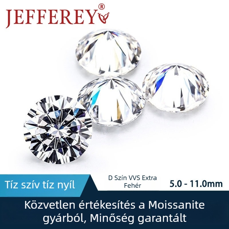 D színű VVS moissanit, kerek alakú, szabad kő, magas csillogás, tíz szív és tíz nyíl, tanúsítvány mellékelve