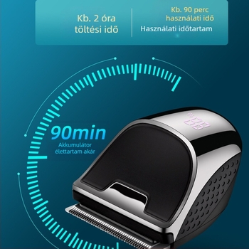 Vezeték nélküli férfi hajvágó LED kijelzővel, beépített 500–800 mAh akkumulátorral, kivehető és mosható rozsdamentes acél pengékkel, vízálló dizájn, üzemidő 1–3 óra