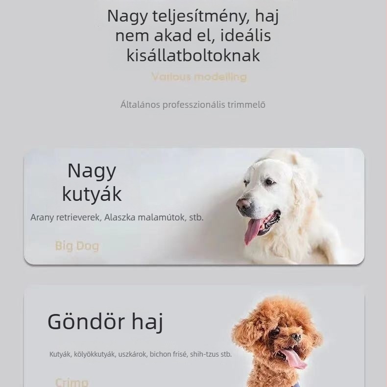 Kutyák elektromos hajvágója, nagy teljesítményű, rozsdamentes acél pengékkel, nagytestű kutyáknak, professzionális felhasználásra