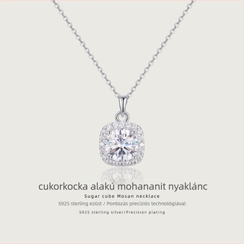 Női S925 ezüst nyaklánc moissanittal, cukor-kocka medállal, kulcscsont körüli lánc, könnyed luxus stílus