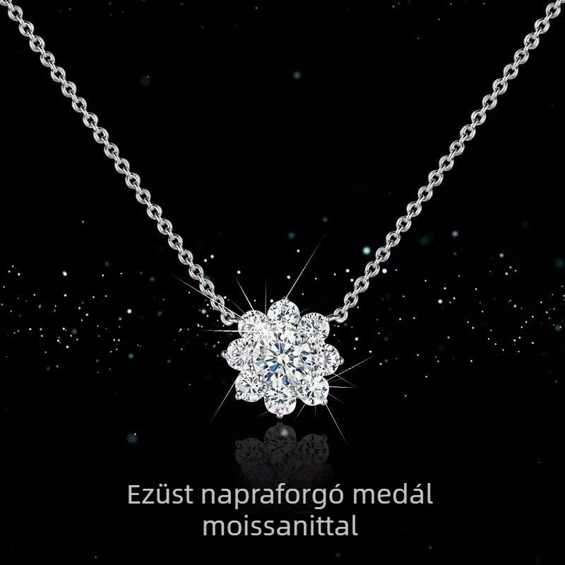 Napraforgó medálos nyaklánc 925‑ös ezüstből, Moissanite beépítés, kereszt‑virág mintájú lánc, 3 g, friss és édes stílus