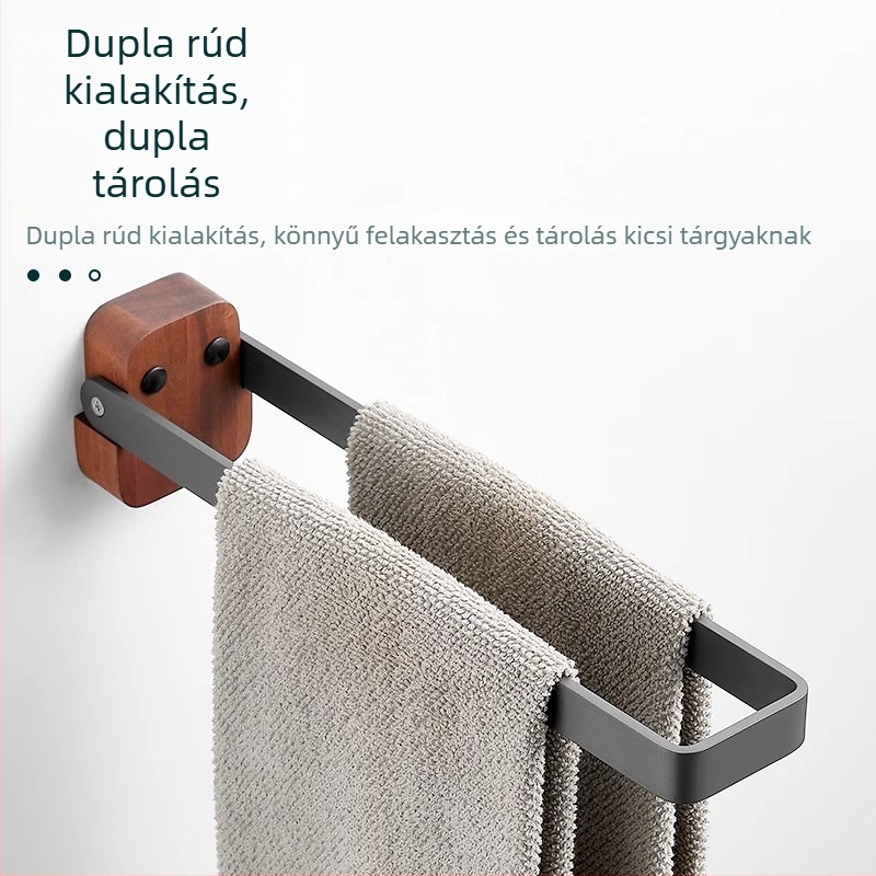 Összecsukható törölközőtartó diófából és alumíniumból, 1-szintes, fúrás nélküli szerelés, 10 kg teherbírás, modern minimalist stílus