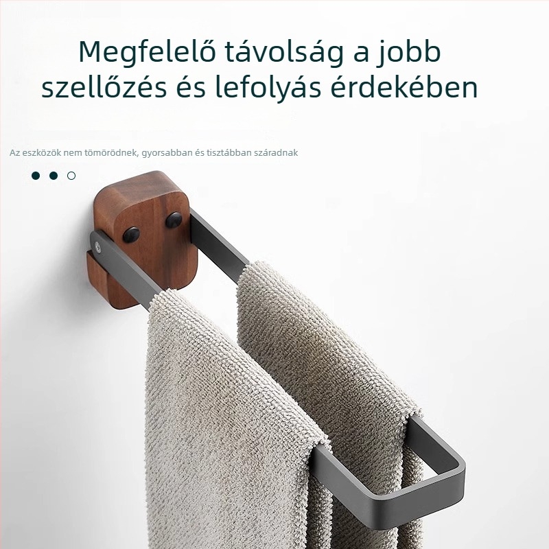 Összecsukható törölközőtartó diófából és alumíniumból, 1-szintes, fúrás nélküli szerelés, 10 kg teherbírás, modern minimalist stílus