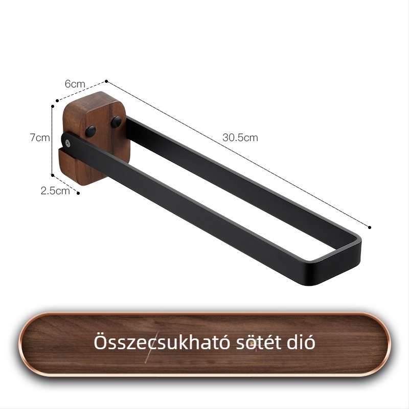 Összecsukható törölközőtartó diófából és alumíniumból, 1-szintes, fúrás nélküli szerelés, 10 kg teherbírás, modern minimalist stílus
