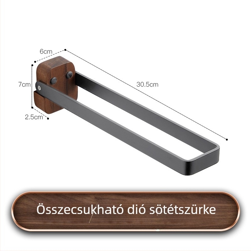 Összecsukható törölközőtartó diófából és alumíniumból, 1-szintes, fúrás nélküli szerelés, 10 kg teherbírás, modern minimalist stílus