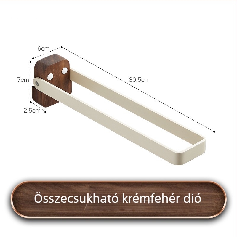 Összecsukható törölközőtartó diófából és alumíniumból, 1-szintes, fúrás nélküli szerelés, 10 kg teherbírás, modern minimalist stílus