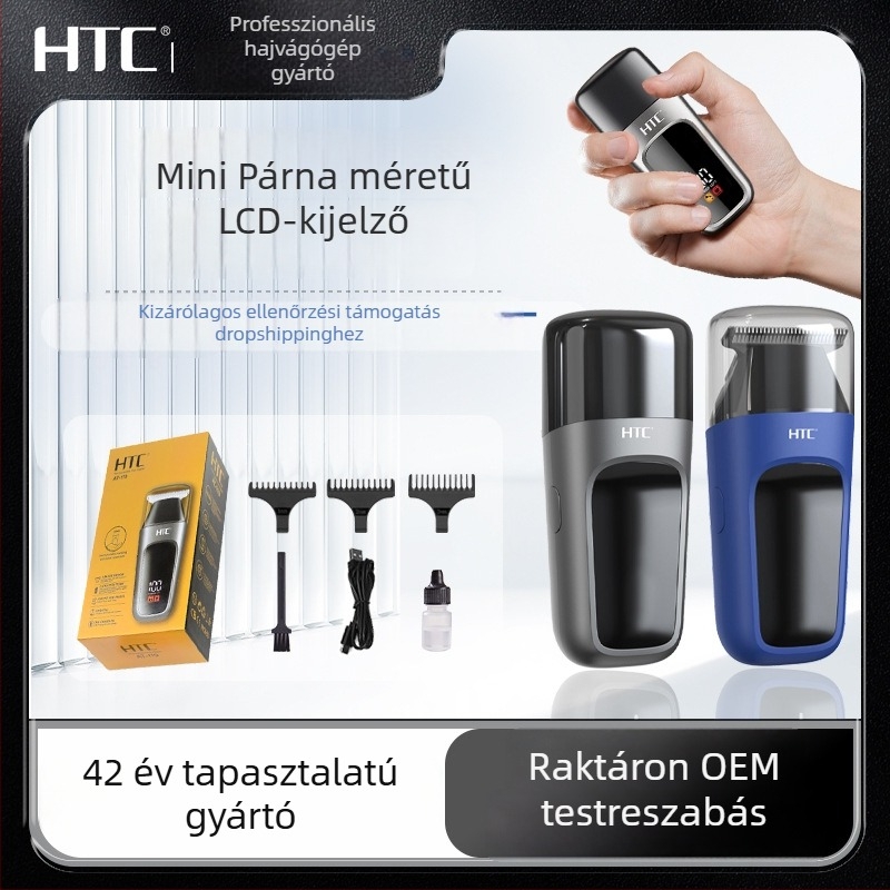 Hordozható mini hajvágó kefemotorral, rozsdamentes acél vágófej, beépített akkumulátor 50–100 mAh, üzemidő 1–3 óra, zaj 36–45 dB