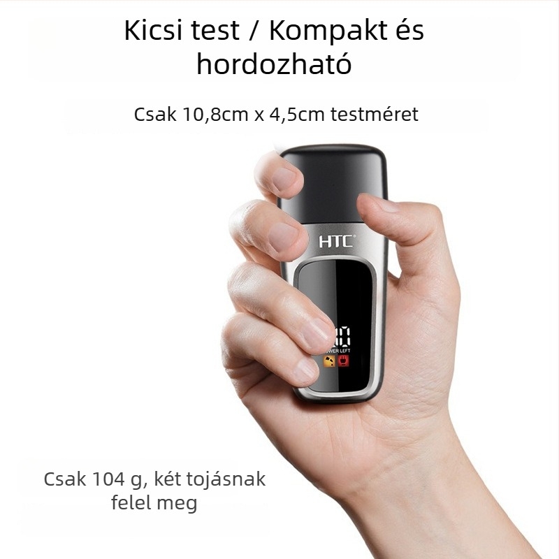 Hordozható mini hajvágó kefemotorral, rozsdamentes acél vágófej, beépített akkumulátor 50–100 mAh, üzemidő 1–3 óra, zaj 36–45 dB