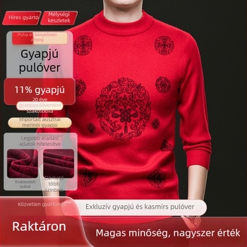 Férfi kerek nyakú gyapjú pulóver, karcsú szabás, hosszú ujjú, 30–35% gyapjú, zodiákus áldás motívum, téli 2025