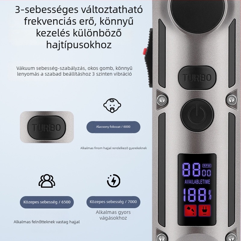 Otthoni használatra szánt akkumulátoros hajvágó, állítható sebesség, kefés motor, rozsdamentes acél pengék, beépített 1000–1200 mAh akkumulátor, levehető és mosható fej