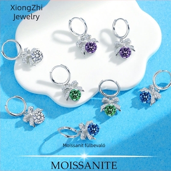 Moissanit fülbevalók, S925 ezüst Pt950 bevonattal, színes Moissanitok, masni dizájn, 1 ct