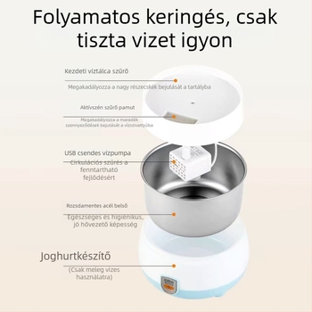 Macska víztál hőmérséklet-szabályozással, automatikus rozsdamentes acél tál cirkulációval és fűtéssel