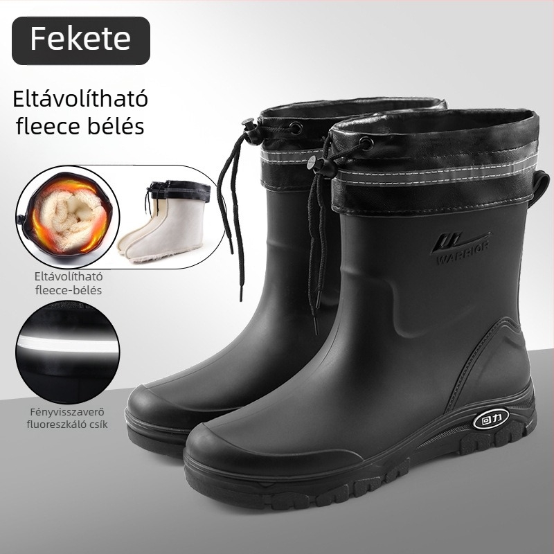 Férfi esőcsizma, vízálló, fleece béléssel, alacsony szárú, csúszásmentes talp