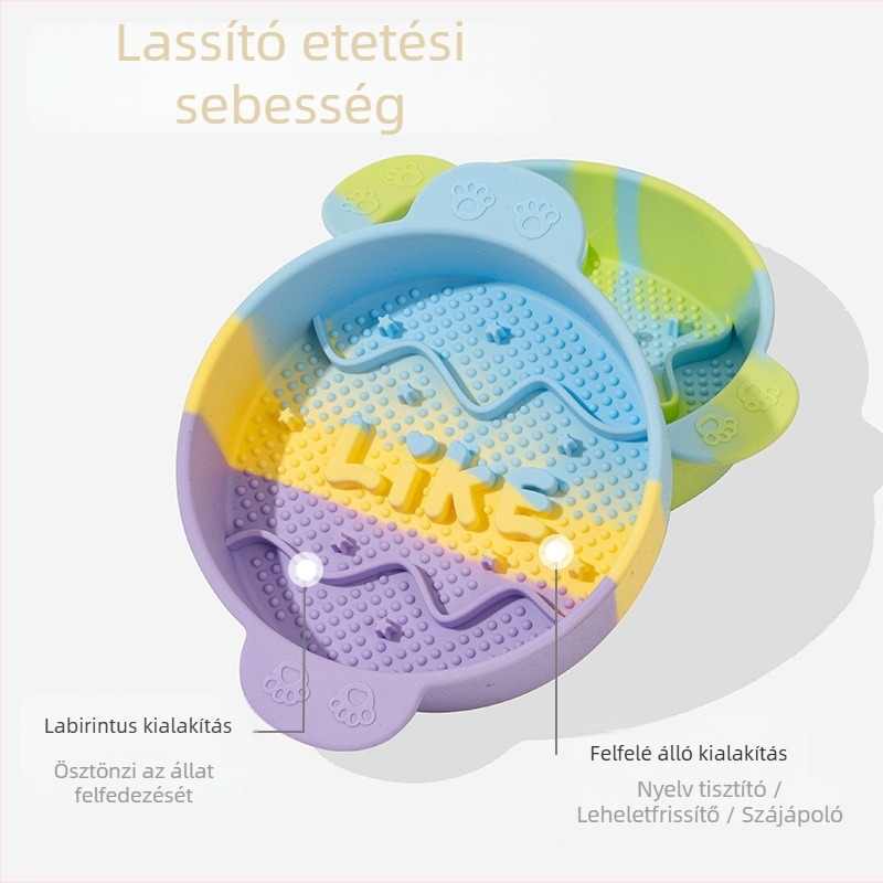 Szilikonból készült etetőtál házi kedvencnek, lassú etetéssel, felborulás elleni és csúszásmentes kialakítással, macskáknak és kutyáknak