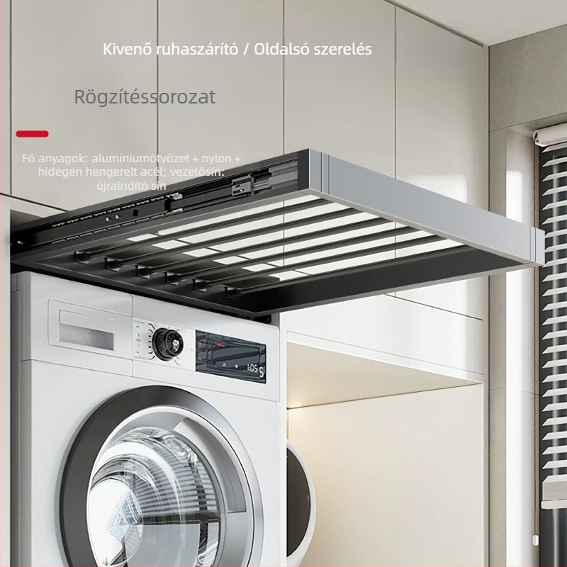 Kihúzható ruhatartó kinyújtható sínnel és rejtett szárítóval a mosógép felett, modell CLLYJ, alumíniumötvözet/nylon/hűtő acél, modern minimalist stílus