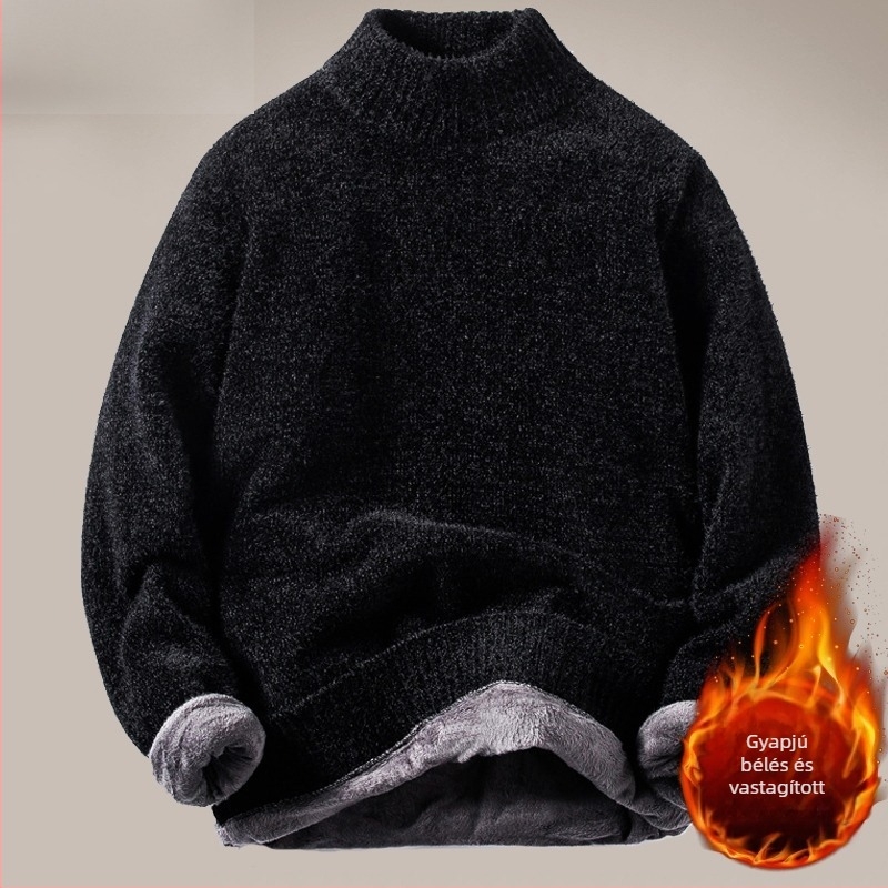 Férfi pulóver őszi-téli időszakra, középmagas gallérral, chenille fleece kötött, meleg alapréteg