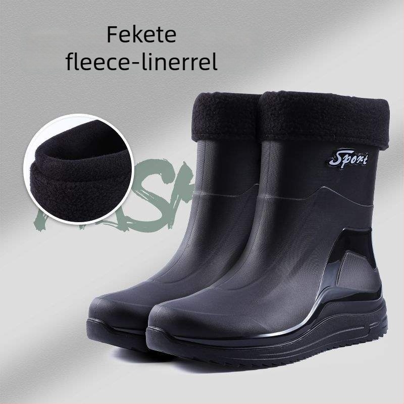 Férfi esőcsizmák, vízálló, csúszásmentes, kopásálló, középmagas szár, műanyag felsőrész, gumírozott talp, ősz-tél szezonra
