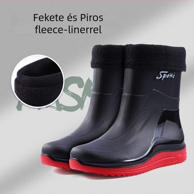 Férfi esőcsizmák, vízálló, csúszásmentes, kopásálló, középmagas szár, műanyag felsőrész, gumírozott talp, ősz-tél szezonra