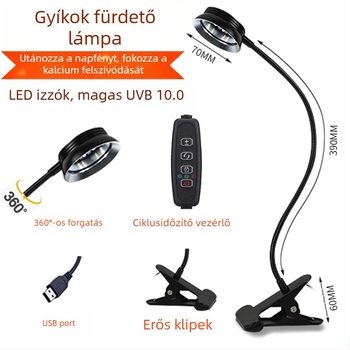 LED kalcium lámpa mászó kisállatoknak (teknőcök) UVA UVB teljes spektrummal, ciklusos időzítő, clip lámpa, 6W, alumínium