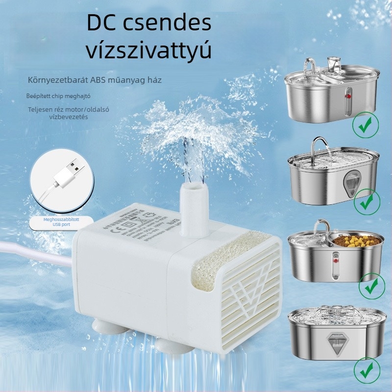 Zajmentes alámerülő vízpumpa háziállatok számára, 5V 1A, világítással és száraz üzem elleni védelemmel