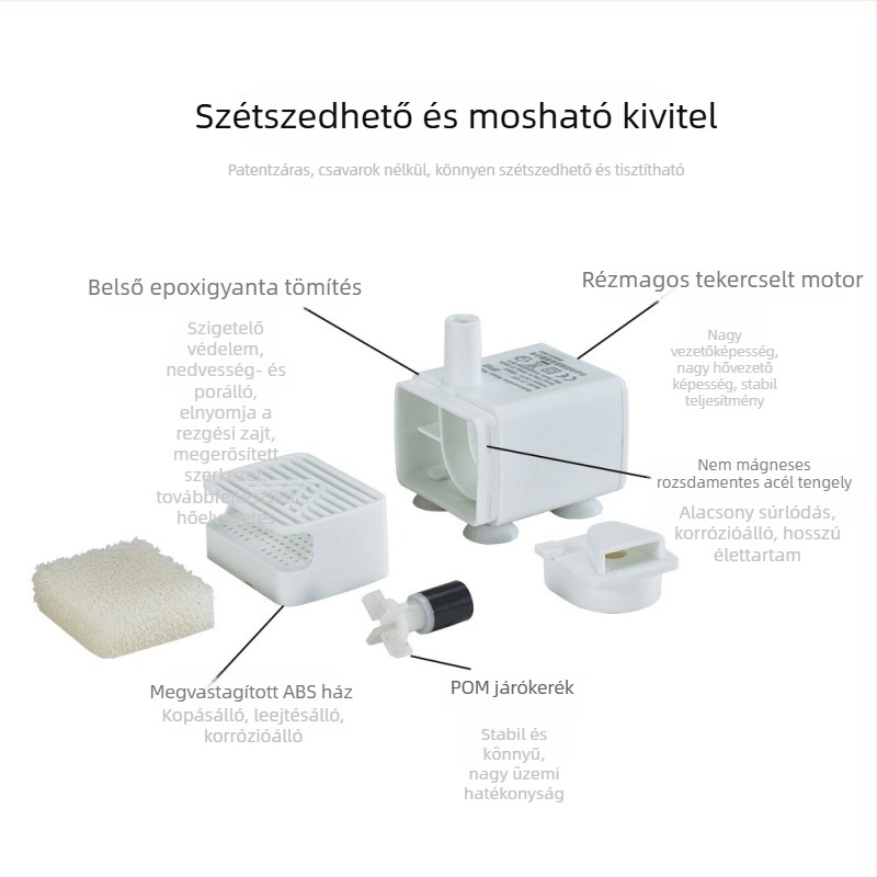 Zajmentes alámerülő vízpumpa háziállatok számára, 5V 1A, világítással és száraz üzem elleni védelemmel