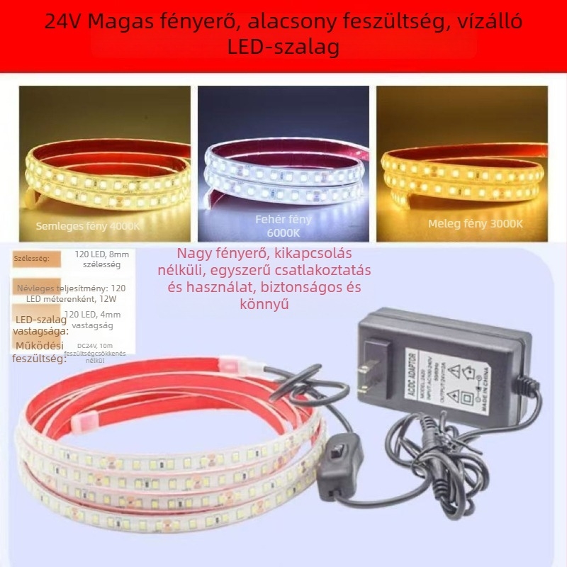 Akváriumhoz való COB szilikon LED-szalag, víz alatti, 24V, 5–10W, csillapításmentes fény, tartós, egyenletes világítás