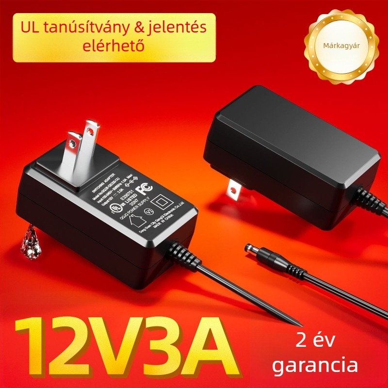 12V 3A tápegység, UL tanúsított, US szabvány, sorozat GQ36-120300-AU, DC dugasz 5.5×2.1mm, alkalmazások: IT berendezések, megfigyelés, LED hirdetőeszközök és audio eszközök