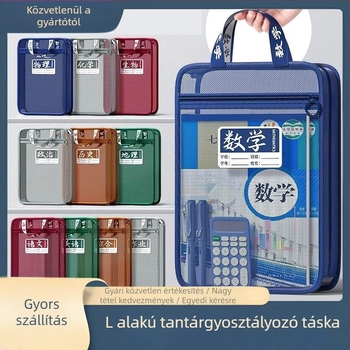 Nagy kapacitású L alakú átlátszó tantárgyfájl táska, zipzárral, nylon háló anyagból, középiskolai felkészítő könyvekhez