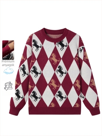 Férfi jacquard kötött pulóver kerek nyakkal, laza szabás, vastag téli kötés, yarn-dyed