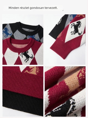 Férfi jacquard kötött pulóver kerek nyakkal, laza szabás, vastag téli kötés, yarn-dyed