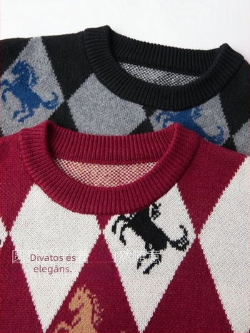 Férfi jacquard kötött pulóver kerek nyakkal, laza szabás, vastag téli kötés, yarn-dyed