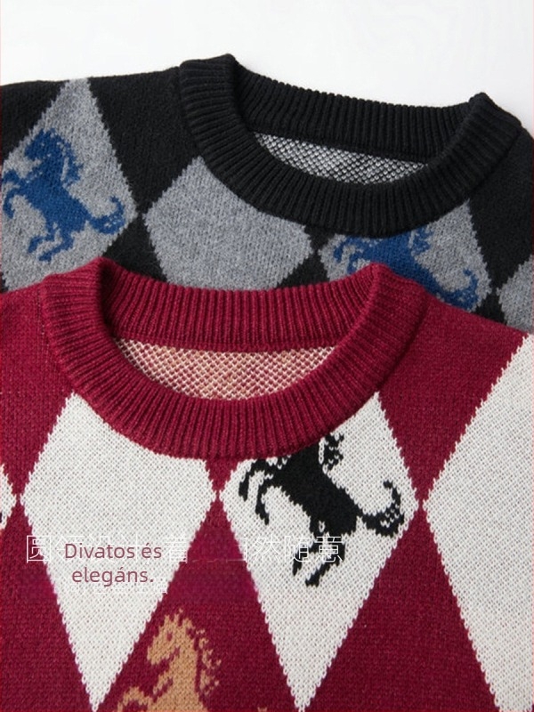 Férfi jacquard kötött pulóver kerek nyakkal, laza szabás, vastag téli kötés, yarn-dyed