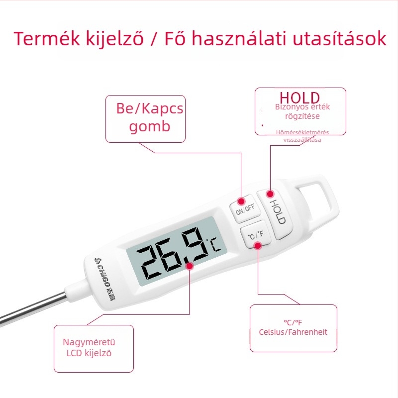Chigo Magas Pontosságú Elektronikus Sondás Élelmiszerhőmérő Folyadékokhoz, -50°C-tól 300°C-ig