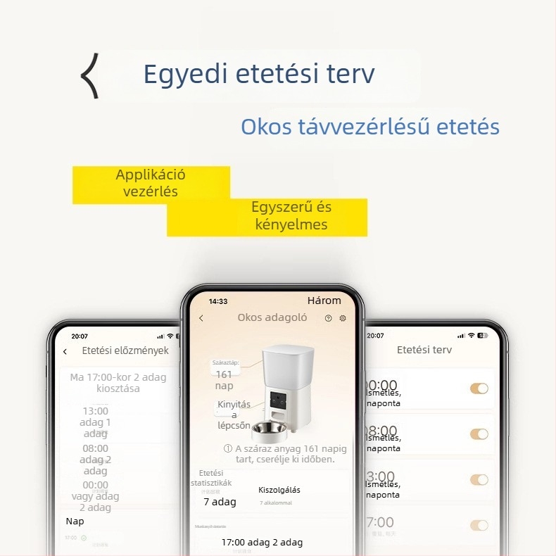 Wi‑Fi‑vel ellátott automata házikedvenc kamera etető – kutyáknak és macskáknak, száraz táp adagoló, alkalmazás által vezérelve, nappalira