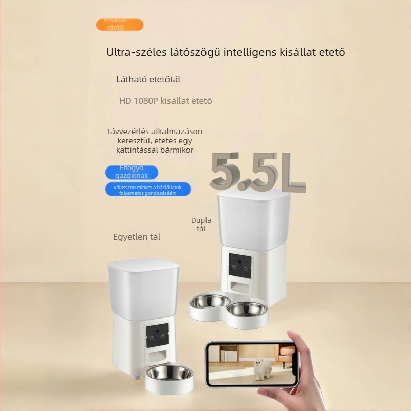 Wi‑Fi‑vel ellátott automata házikedvenc kamera etető – kutyáknak és macskáknak, száraz táp adagoló, alkalmazás által vezérelve, nappalira