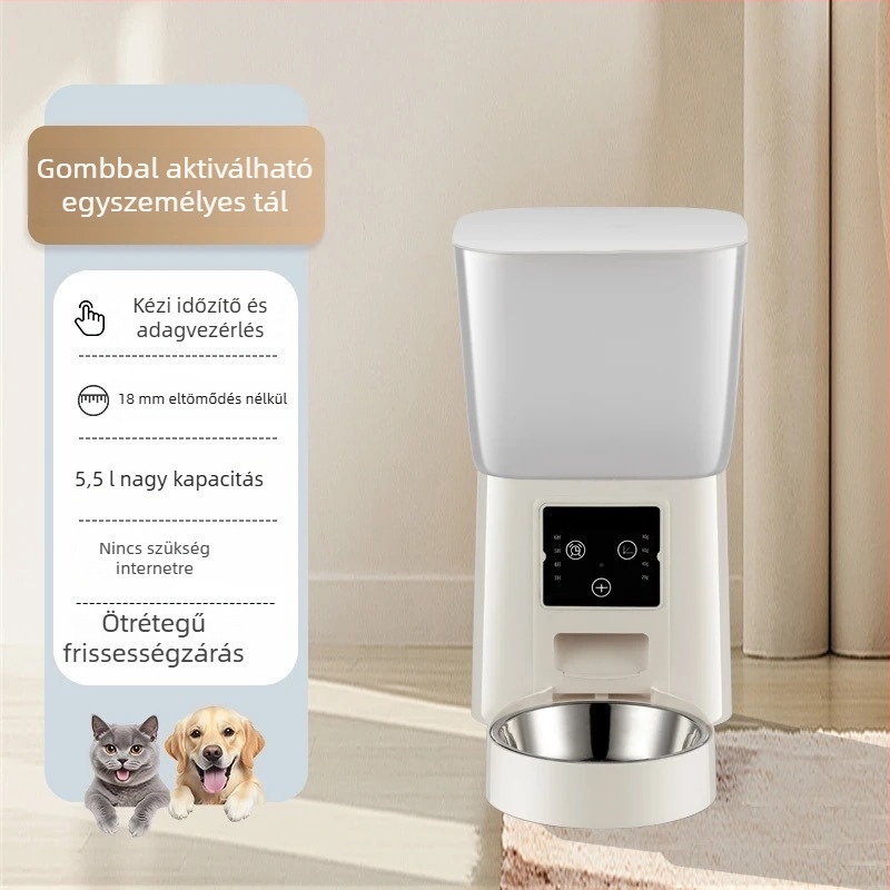 Wi‑Fi‑vel ellátott automata házikedvenc kamera etető – kutyáknak és macskáknak, száraz táp adagoló, alkalmazás által vezérelve, nappalira