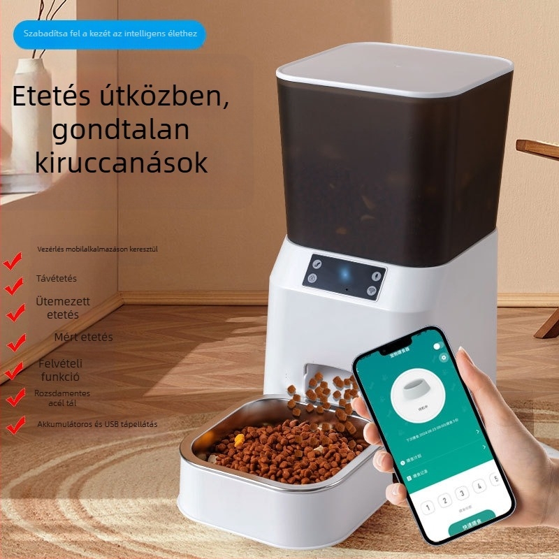 Intelligens automata etető macskáknak és kutyáknak időzített etetéssel – vezérlés alkalmazással