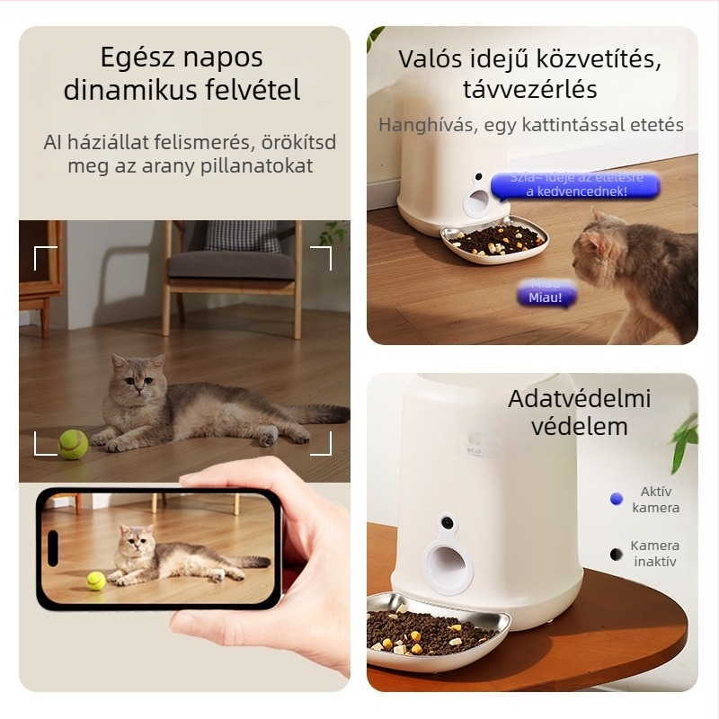 Intelligens automata etető macskáknak és kutyáknak, 4 L kapacitás, levehető és könnyen tisztítható, időzített adagolás és távirányítás