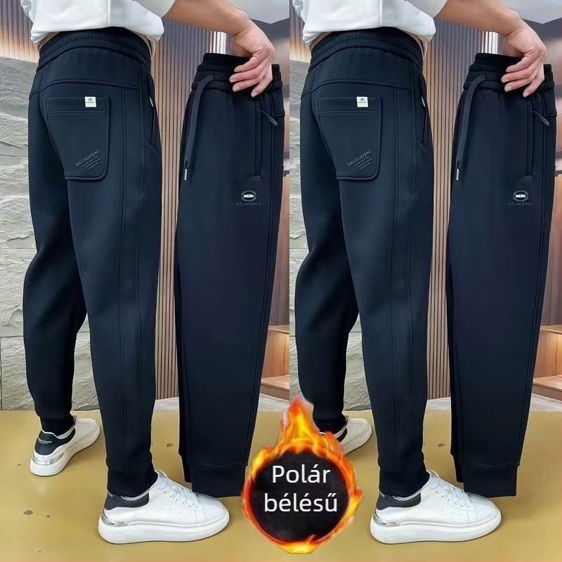 Fleece-béléses vastag férfi casual nadrág, lazán szabott jogger-stílusú sportos melegítőnadrág, 2025 ősz-tél